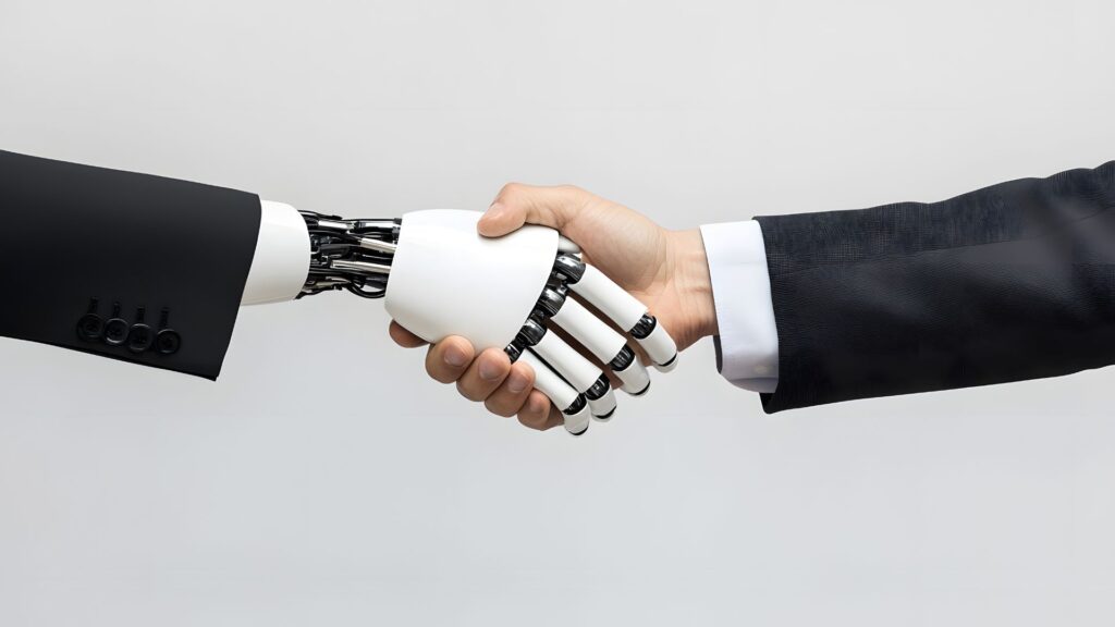 Fokus Innovation: Handschlag von Roboter & Geschäftsmensch