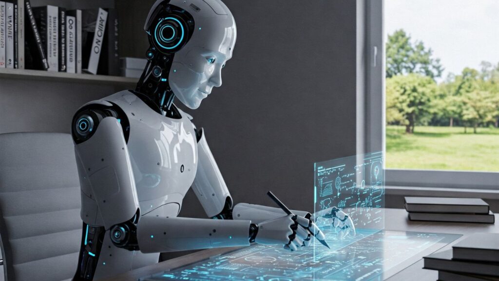 Roboter arbeitet an futristischem Tisch