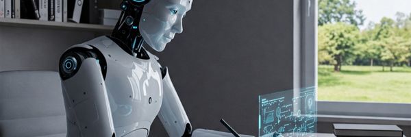 Roboter an futuristischem Tisch, Mike Jones