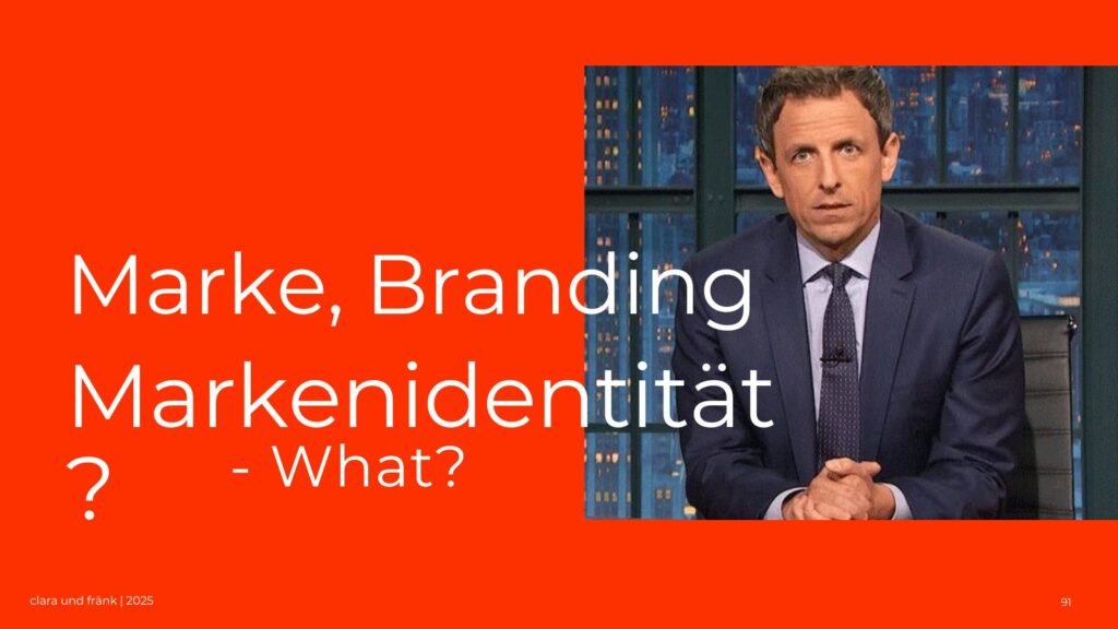 Ratloser Moderator auf Präsentationsfolie zum Thema Marke, Branding & Markenidentität