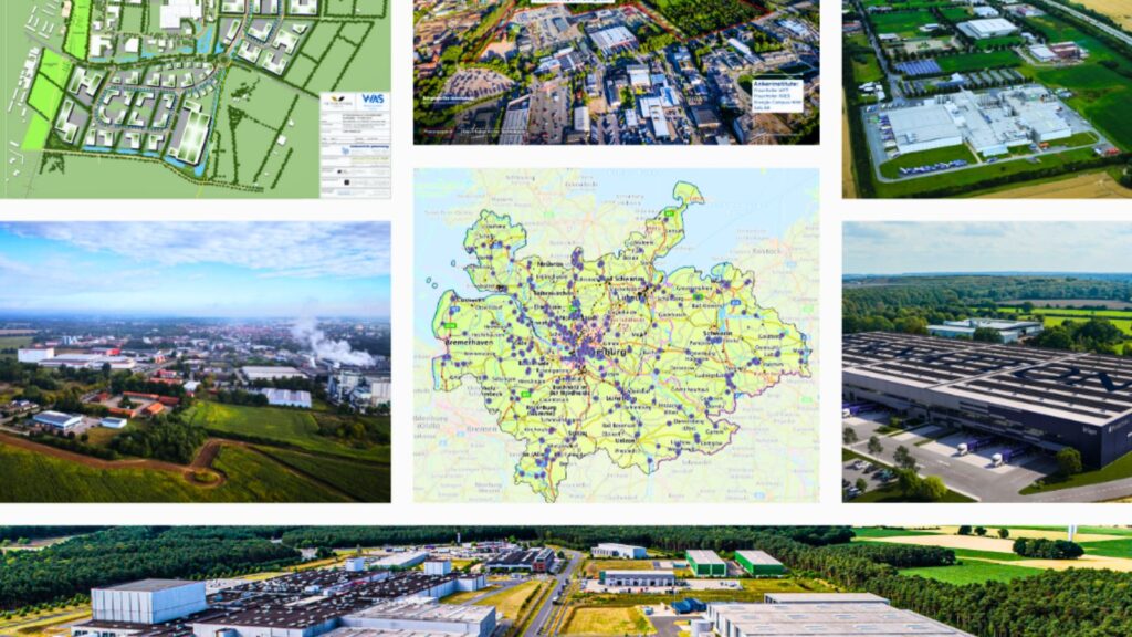 Collage aus Lufansichten verschiedener Gewerbeflächen der Metropolregion Hamburg