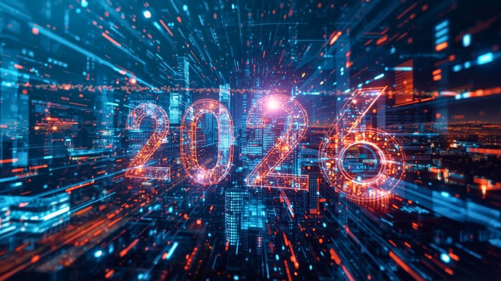 2026 Ziffern vor digitalisiertem Raum